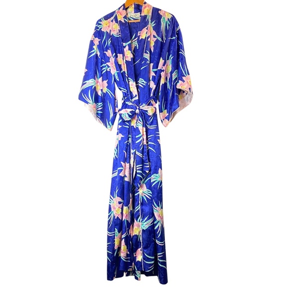 CHRISTIAN DIOR Vintage Satin Floral Robe Kimono Full Length Blue Pink OS - Picture 1 of 6